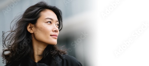 Obraz na płótnie asian business woman with mid length black hair looking sideways standing in city, copy space, web banner, urban corporate and marketing design w salonie