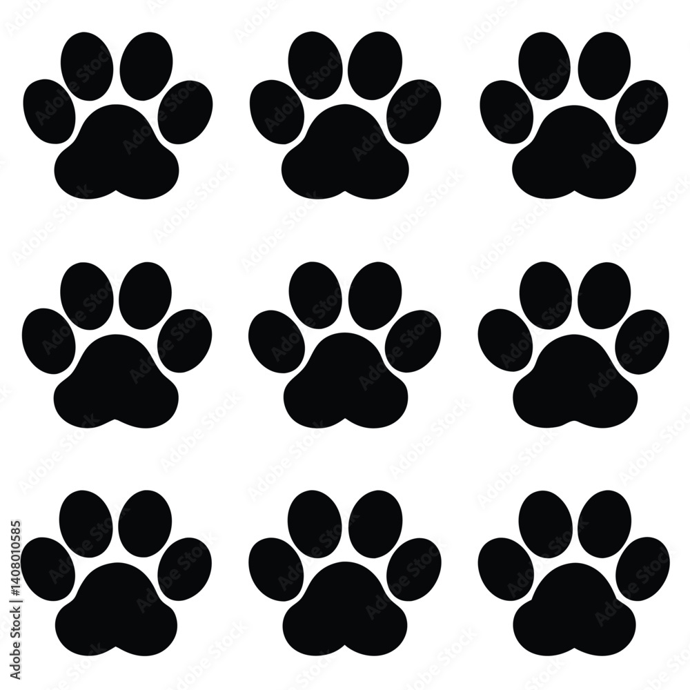 Fototapeta premium Set of 9 Dog Paw Print Silhouette Icons Vector