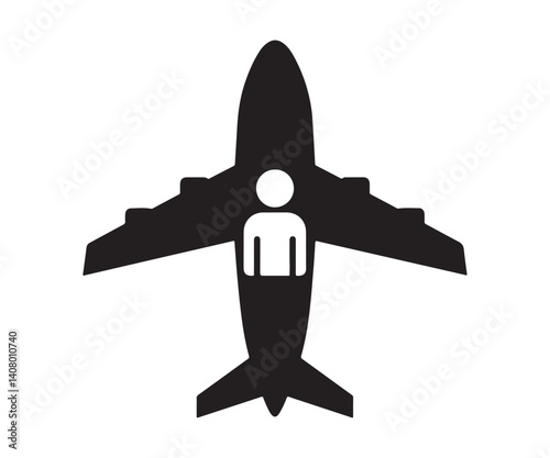 Silhouette icon representing airplane passenger travel. Isolated vector symbol of an aircraft.