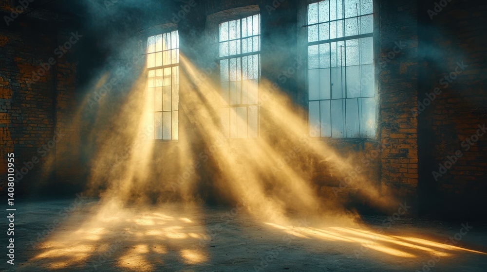 Naklejka premium mysterious light streaming dusty warehouse windows