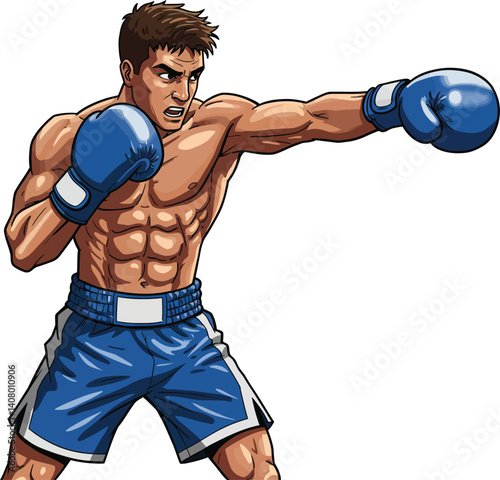 Illustration of a white male boxer athlete with blue gloves and shorts swinging a punch, isolated on white background