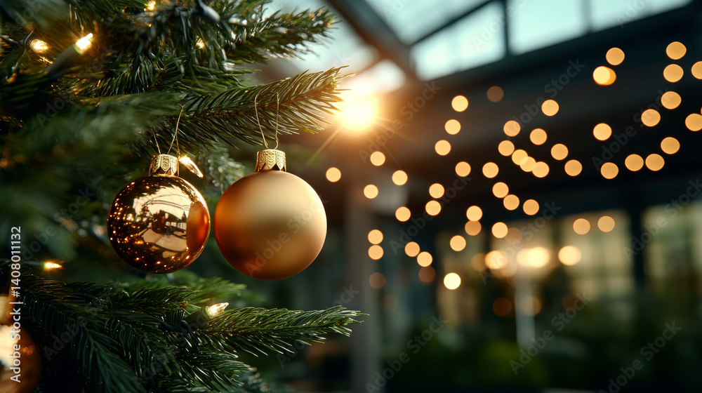 beautifully decorated Christmas tree with golden ornaments and soft glowing lights creates warm and festive atmosphere