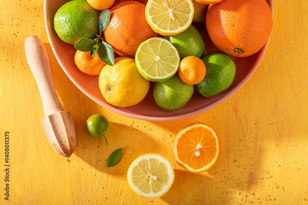 Healthy with oranges, limes and lemons on rustic yellow table