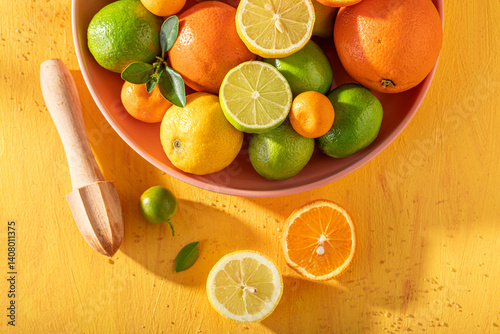 Obraz na płótnie Healthy with oranges, limes and lemons on rustic yellow table w salonie