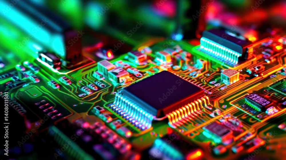 Fototapeta premium Close-up of a vibrant circuit board showcasing intricate electronic components and colorful lights