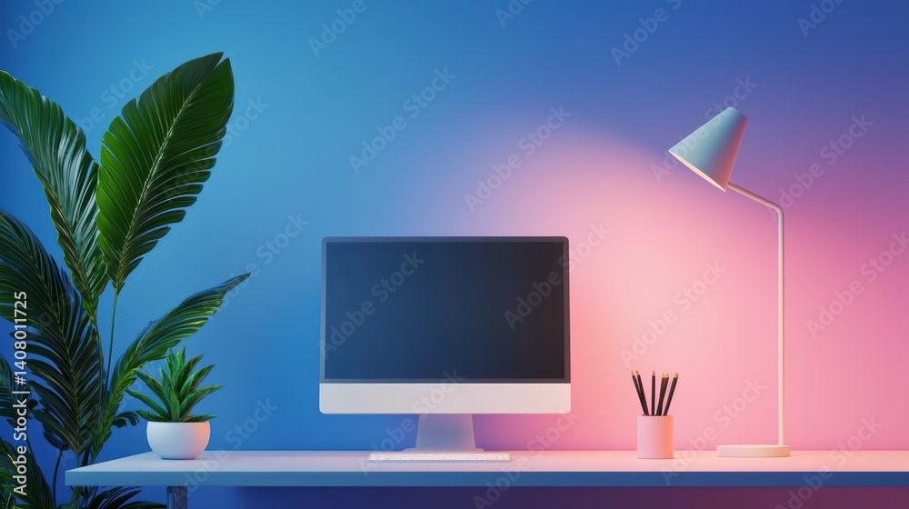Modern desk setup with computer and green plants Modern desk setup with computer and green plants