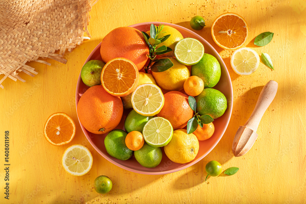 Fresh with oranges, limes and lemons as ingredients for lemonade.