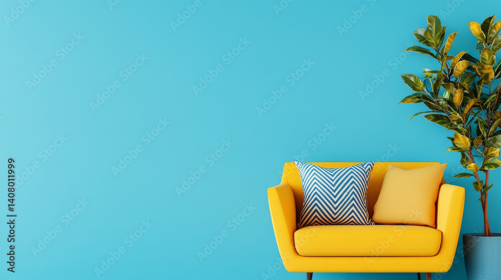 Bright yellow sofa with decorative cushions against turquoise wall, complemented by potted plant, creating cheerful and inviting atmosphere