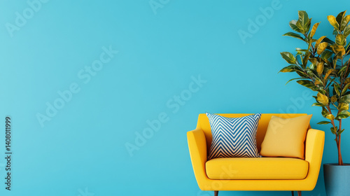 Obraz na płótnie Bright yellow sofa with decorative cushions against turquoise wall, complemented by potted plant, creating cheerful and inviting atmosphere w salonie