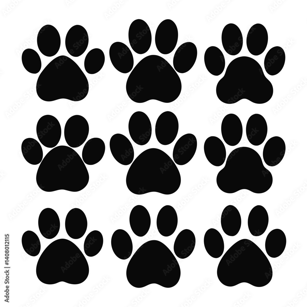 Fototapeta premium Set of 9 Dog Paw Print Silhouette Icons Vector
