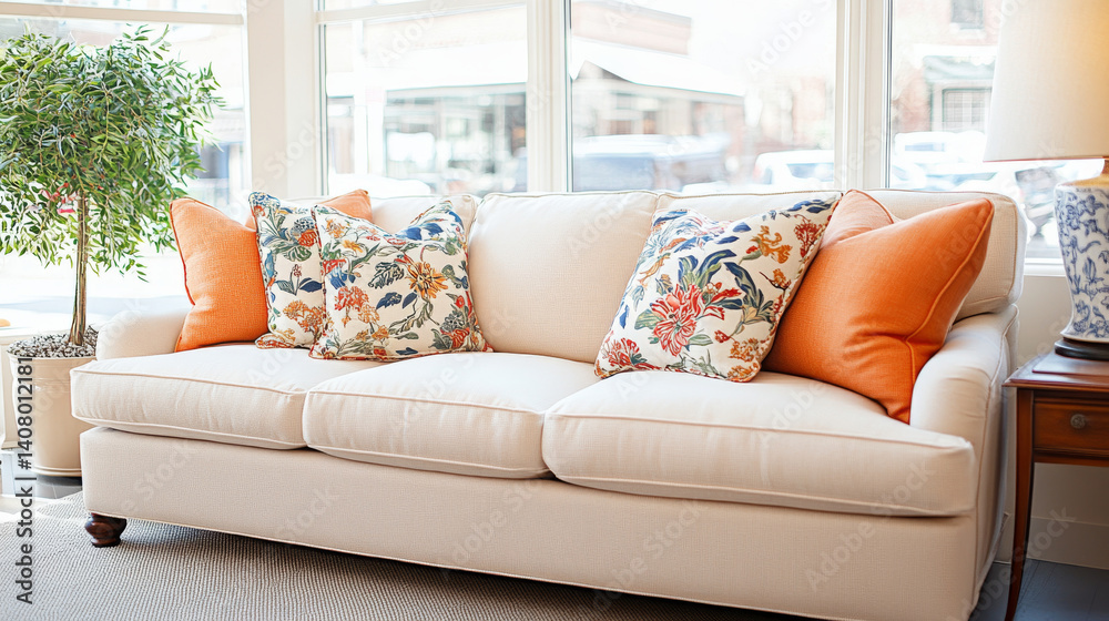 cozy sofa with colorful floral and orange accent pillows, perfect for bright living space. natural light enhances inviting atmosphere