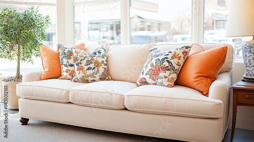 Obraz na płótnie cozy sofa with colorful floral and orange accent pillows, perfect for bright living space. natural light enhances inviting atmosphere w salonie