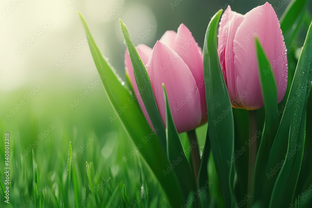 Fototapeta premium Delicate pink tulips emerging from lush green grass