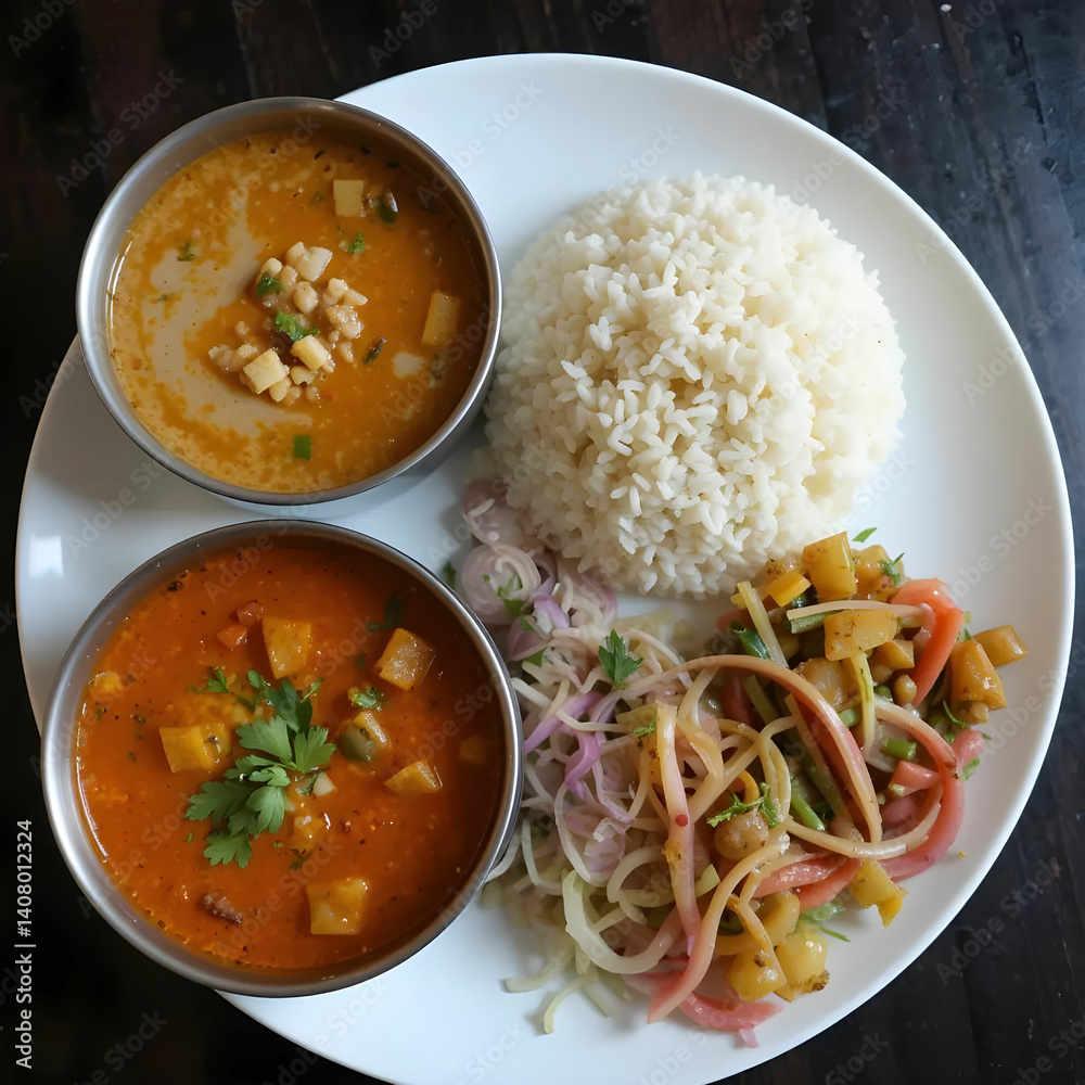 Top view of traditional Indian lunch with soup rice and salad Top view of traditional Indian lunch with soup rice and salad