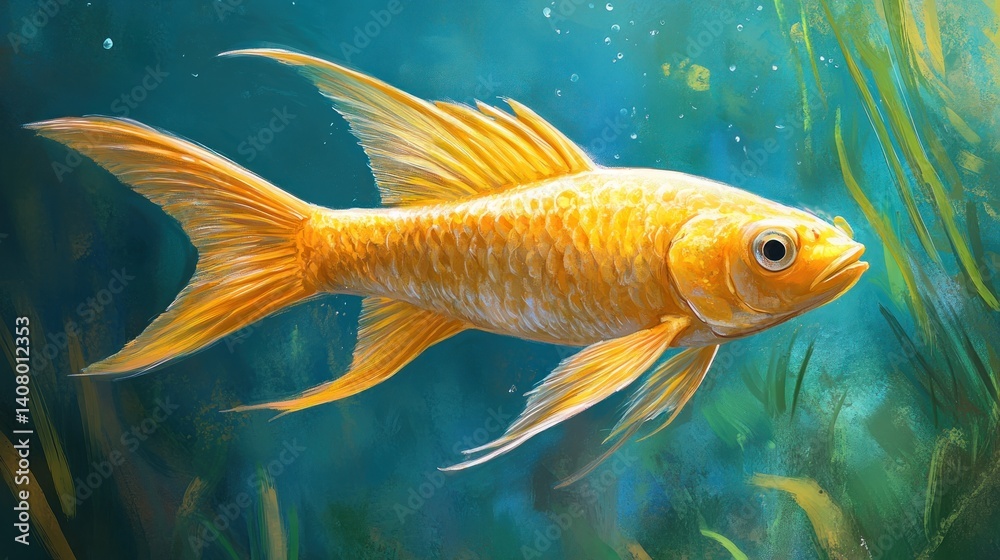 Fototapeta premium Vibrant Goldfish Swimming Gracefully Underwater Surrounded by Aquatic Plants and Bubbles in Clear Blue Water