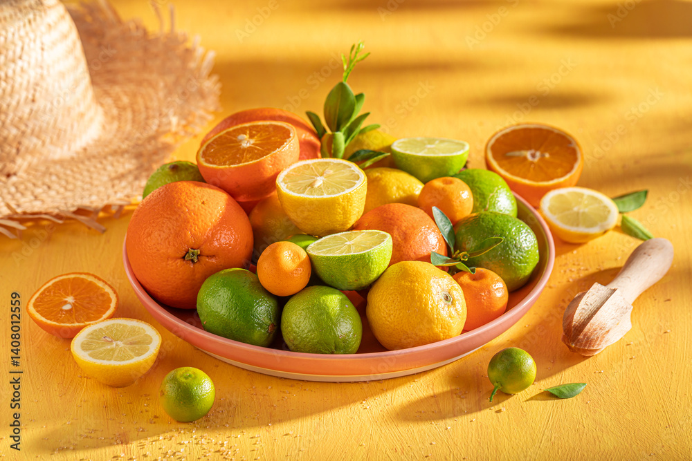 Fresh mix of citrus fruits on rustic yellow table