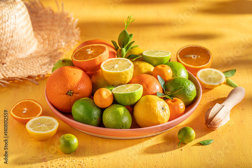 Obraz na płótnie Fresh mix of citrus fruits on rustic yellow table w salonie