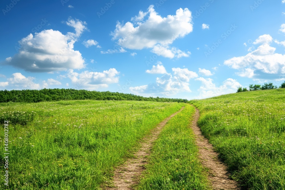 Country road through a field under a bright sky Country road through a field under a bright sky