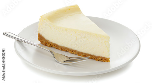 Wallpaper Mural A slice of classic New York cheesecake with a graham cracker crust, served on a white plate with a fork beside it, isolated on a white background Torontodigital.ca