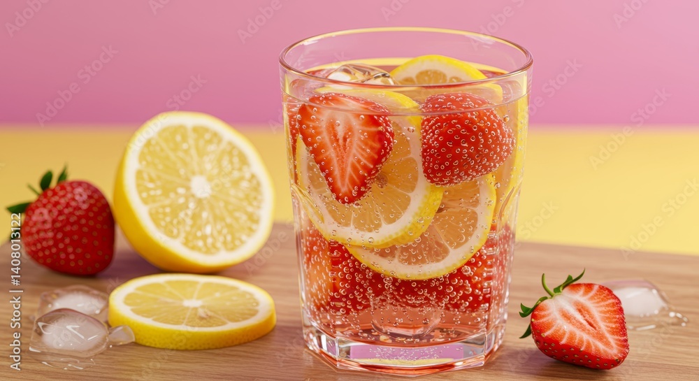 A clear glass of sparkling water infused with fresh lemon slices and vibrant strawberries, garnished with bubbles that enhance its refreshing appeal. A clear glass of sparkling water infused with fresh lemon slices and vibrant strawberries, garnished with bubbles that enhance its refreshing appeal.