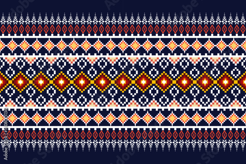Pixel ethnic  pattern oriental traditional. Design fabric pattern textile African, Aztec African America Indian seamless. Floral pixel art pattern on navy background  vector illustration