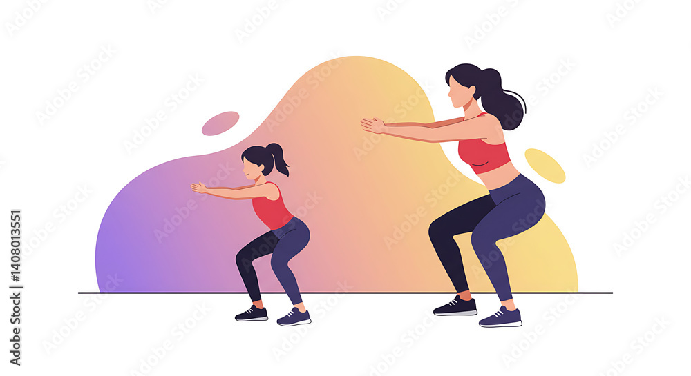 Obraz premium Mother and daughter exercising in workout poses against abstract background