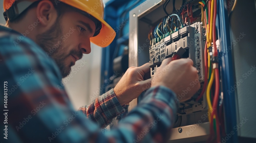 Electrician rewiring electrical panel in a basement. Featuring technical skill and precision Electrician rewiring electrical panel in a basement. Featuring technical skill and precision