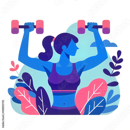 Girl Exercising with Dumbbells – Colorful Vector Style Illustration of Young Woman in Workout Routine