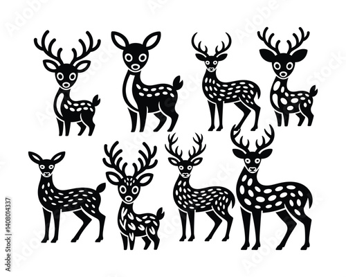 A black and white illustration of four deer head designs arranged in a transparent background