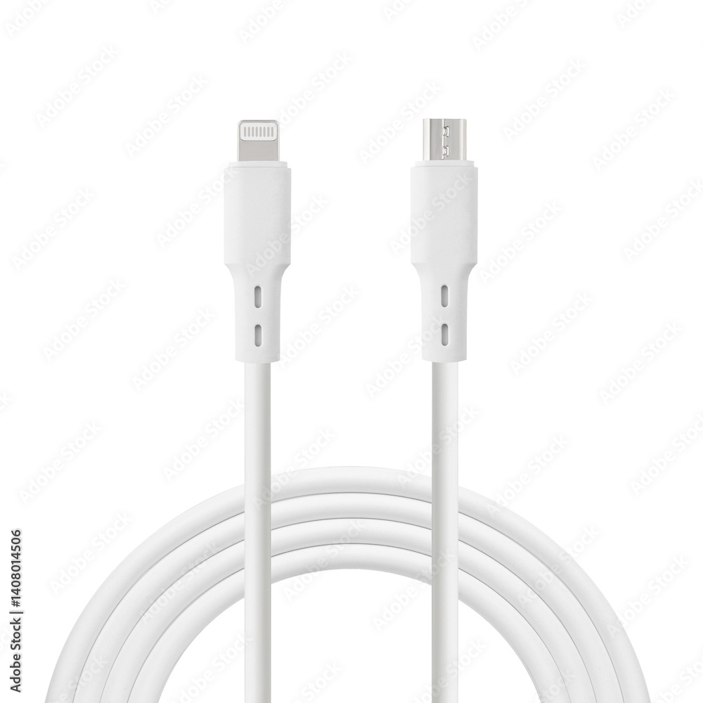 white cable for charging and synchronization with Lightning and Micro USB connectors on a white isolated background close-up