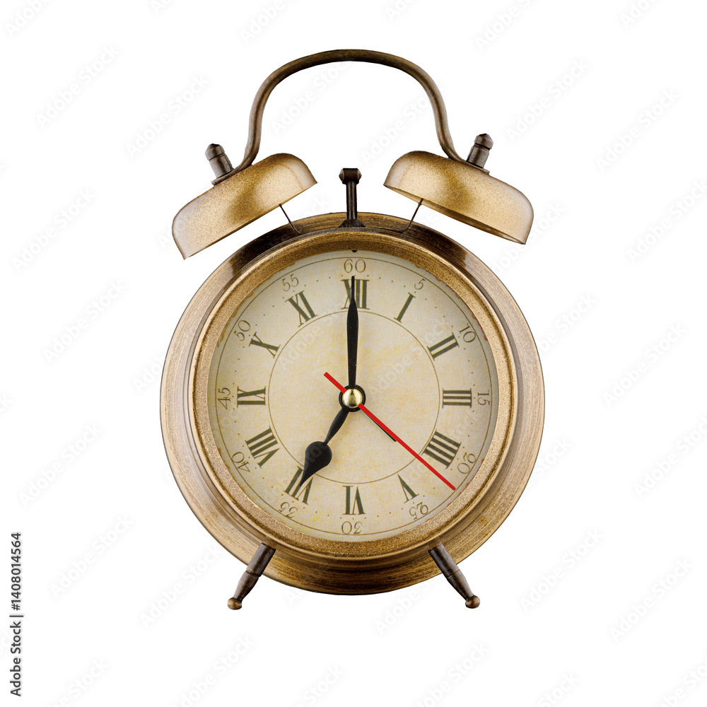 alarm clock, vintage clock with time 7 hours 00 minutes, a.m. 7:00, p.m. 7:00, on isolated white background close-up