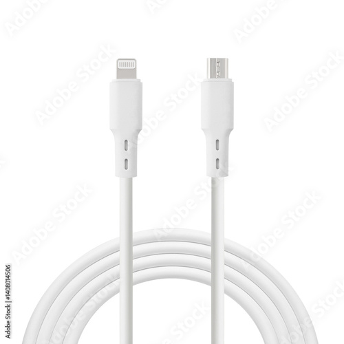 Obraz na płótnie white cable for charging and synchronization with Lightning and Micro USB connectors on a white isolated background close-up w salonie