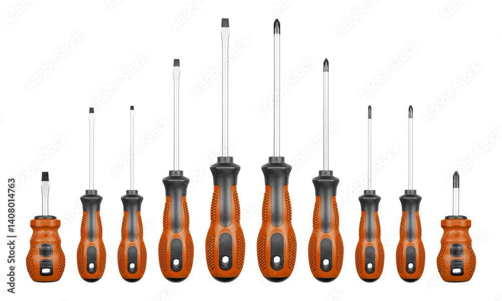 Set of Philips and flathead screwdrivers Brown color on isolated white background close-up