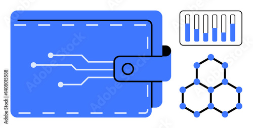 Blue digital wallet with circuit design, data bars analyzing progress, and a blockchain-inspired hexagonal network. Ideal for finance, technology, cryptocurrency, innovation, blockchain, fintech