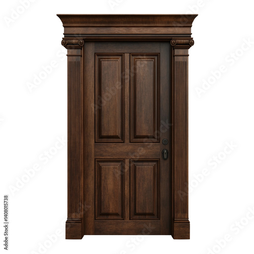 A dark wooden door frame isolated on transparent and white background.