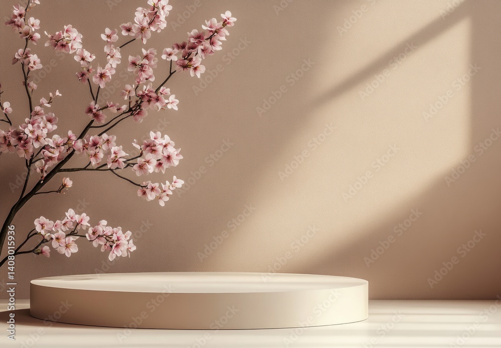 Elegant Still Life with Cherry Blossom Branches and Round Display Pedestal in Soft Natural Light Elegant Still Life with Cherry Blossom Branches and Round Display Pedestal in Soft Natural Light