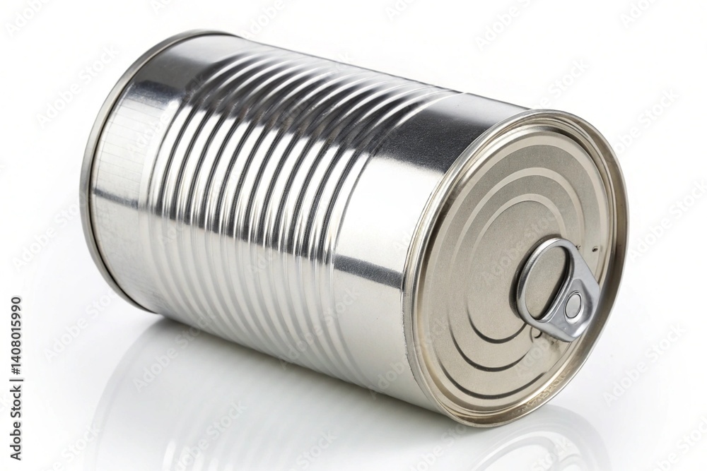 Reflective Silver Can: Industrial Design Close-Up. High-resolution image showcasing a metallic tin can with sleek, modern industrial aesthetic. Perfect for packaging design, Reflective Silver Can: Industrial Design Close-Up. High-resolution image showcasing a metallic tin can with sleek, modern industrial aesthetic. Perfect for packaging design,