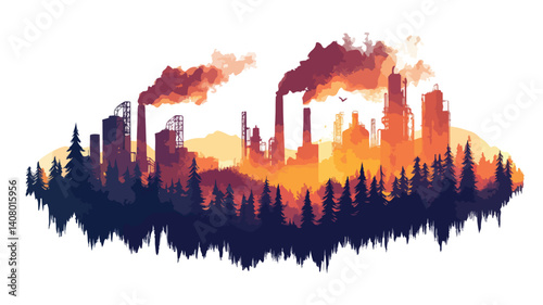Dramatic Illustration of Burning Forest in Industrial Setting
