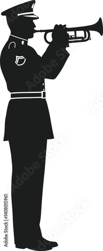 Side View Silhouette of Military Trumpeter Playing Bugle Vector Illustration