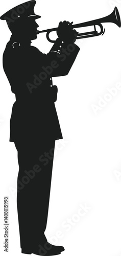 Silhouette of Military Bugler Playing Trumpet in Uniform – Vector Illustration