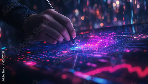 A hand uses a stylus to draw on a digital screen filled with vibrant data visualizations. Neon colors illuminate the scene, creating a futuristic mood.