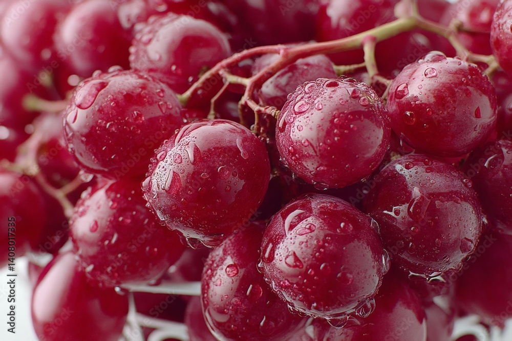 Juicy red grapes covered in droplets resting in a white bowl, showcasing freshness and vibrant color in a kitchen setting Juicy red grapes covered in droplets resting in a white bowl, showcasing freshness and vibrant color in a kitchen setting