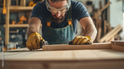 Carpenter constructing custom bookshelves for a home. Featuring woodworking and carpentry skills