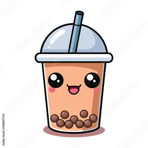 Cute cartoon-style vector of a bubble teacup with visible tapioca pearls and decorative straw, with kawaii face.