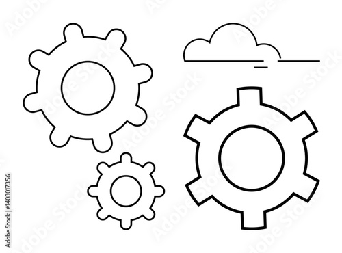 Three connected gears and a minimal cloud illustrate collaboration, mechanics, and creativity. Ideal for teamwork, process, innovation, technology, industry, planning and a simple landing page