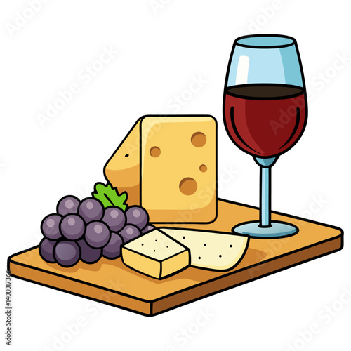 Elegant flat vector of a wine and cheese board with grapes, soft and hard cheese, crackers, and a glass of red wine.