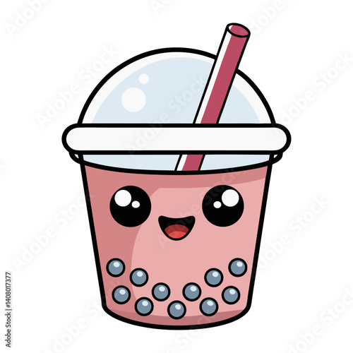 Cute cartoon-style vector of a bubble teacup with visible tapioca pearls and decorative straw, with kawaii face
