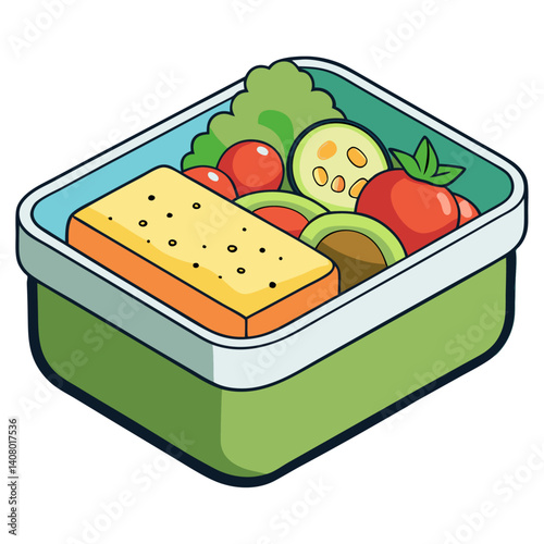 Modern flat vector of a healthy vegan lunch box with tofu, quinoa, avocado, cherry tomatoes, and spinach compartments.
