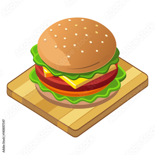 Isometric 2D vector of a gourmet burger with layered ingredients
