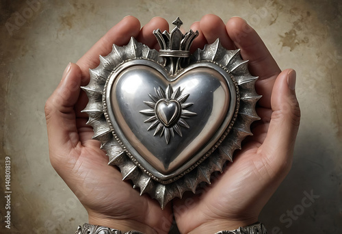 Hands holding a crowned silver sacred heart object with sunburst design.